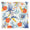 Fabric swatch showcasing a vibrant tropical floral pattern with large orange hibiscus flowers, stylized blue Monstera and elongated leaves, and yellow-striped banana leaves on a textured white background