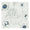Textile fabric swatch with an elegant black line art floral pattern featuring a large central peony and smaller flowers with bright blue centers on a textured white background
