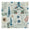 Fabric swatch featuring a vintage botanical pattern with large white flowers with orange and blue centers, deep blue bell-shaped flowers, and red stippled clusters on a light gray linen textured background