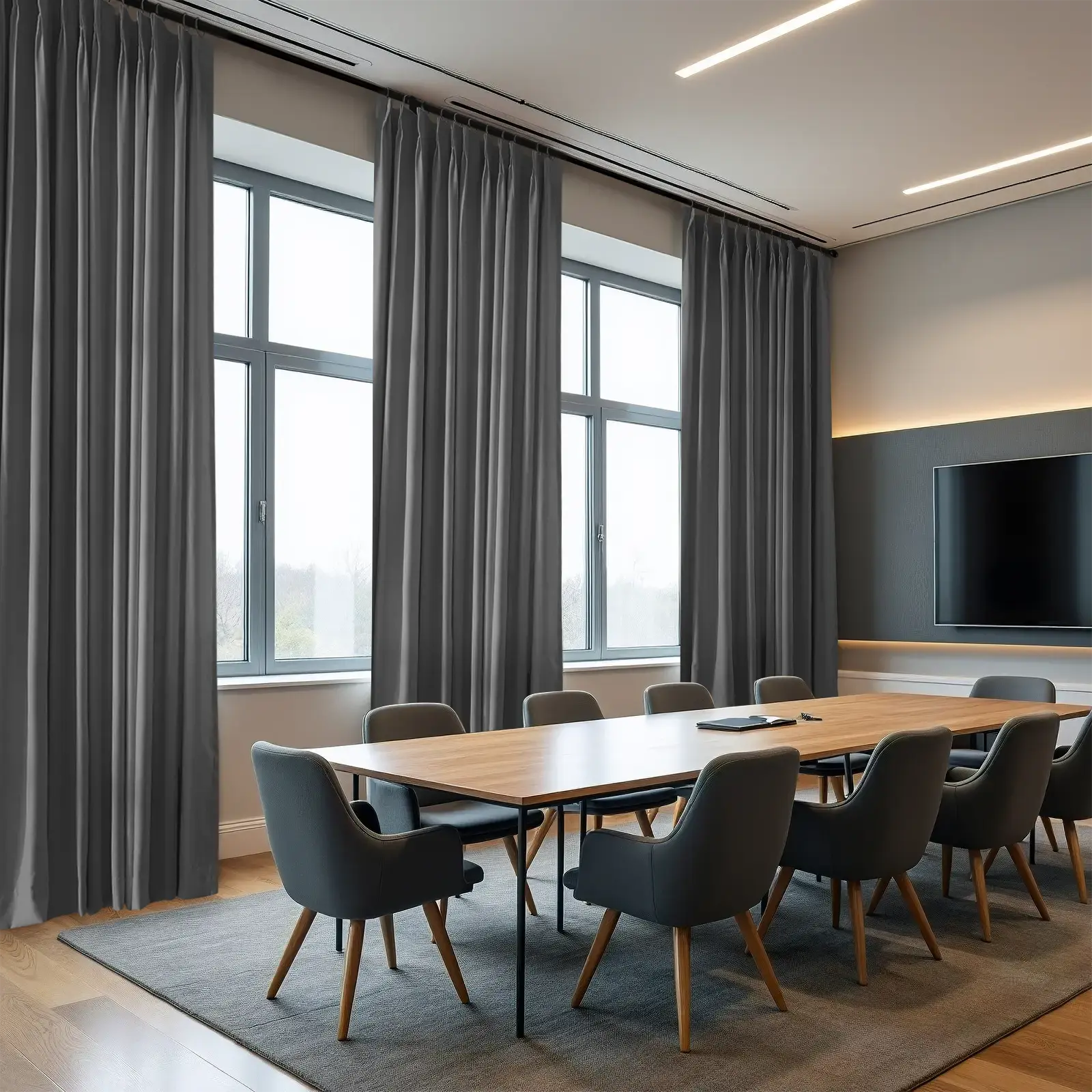 A modern conference room interior with floor-to-ceiling charcoal grey curtains, a long light oak conference table surrounded by dark grey upholstered chairs, and a wall-mounted TV with subtle warm cove lighting