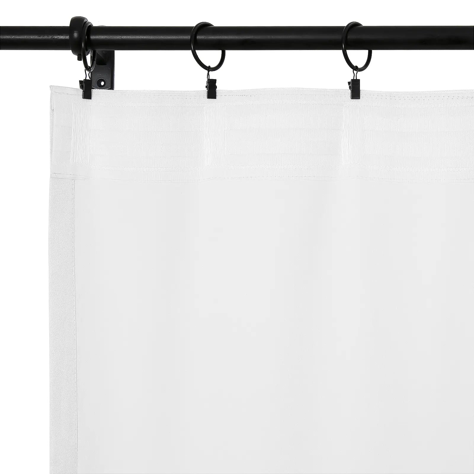 A white sheer curtain with a subtle woven vertical stripe pattern along the top hem, suspended by black clip rings from a sleek black metal curtain rod