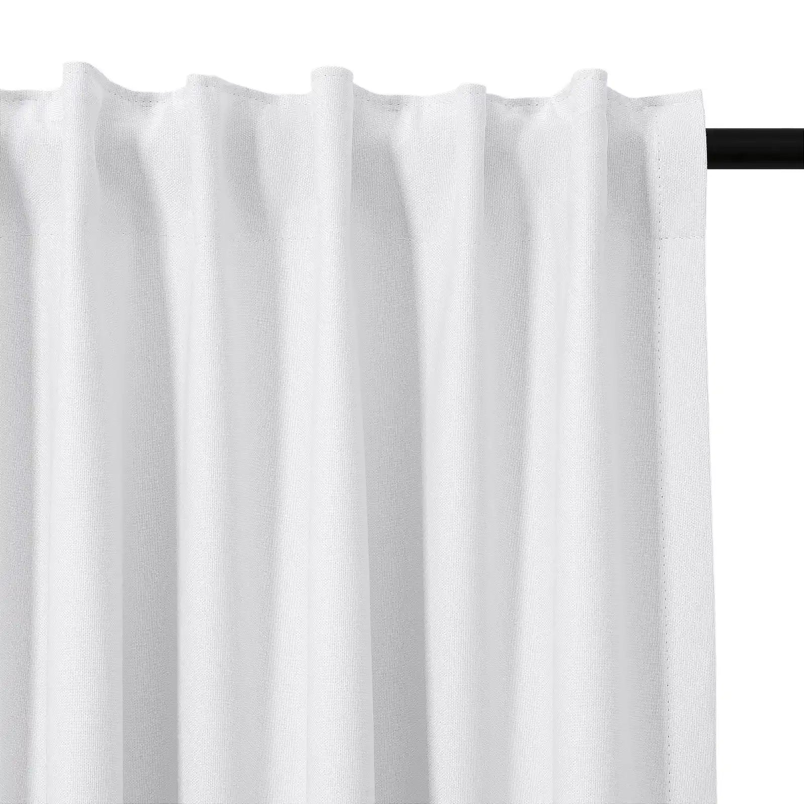 Textured white linen-look curtain fabric with neat pleats gathered along a black rod