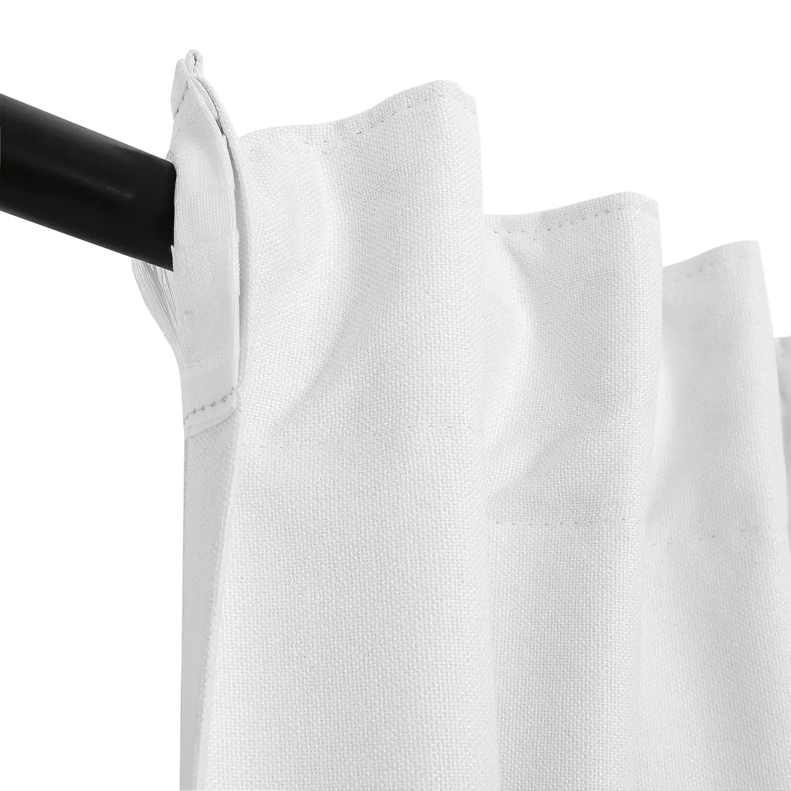 A close-up of plain white fabric curtains featuring a subtle weave texture and gathered rod pocket style on a black curtain rod