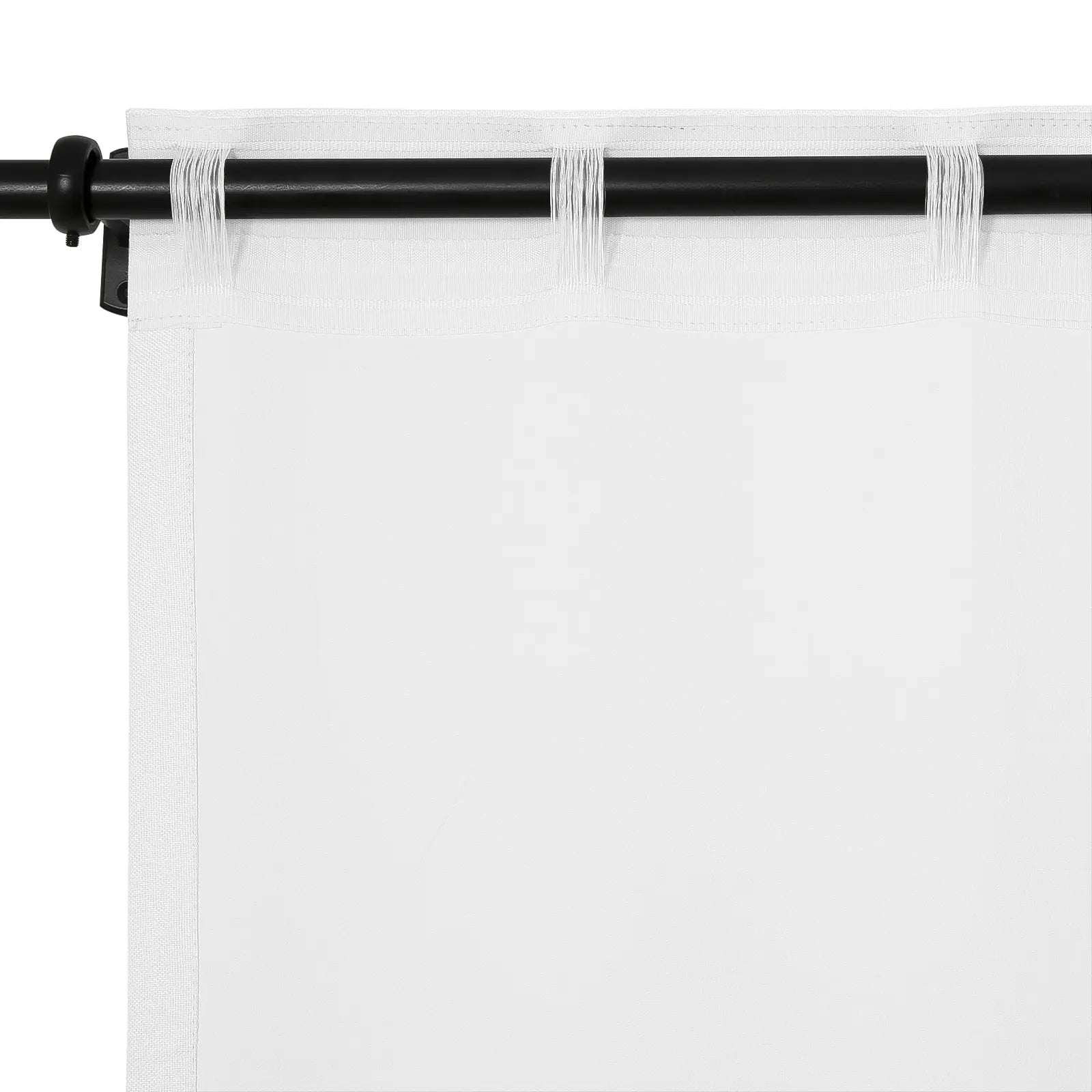 White tab top curtain with a subtle woven texture draped on a black metal rod showcasing its neat fabric loops and reinforced side hem