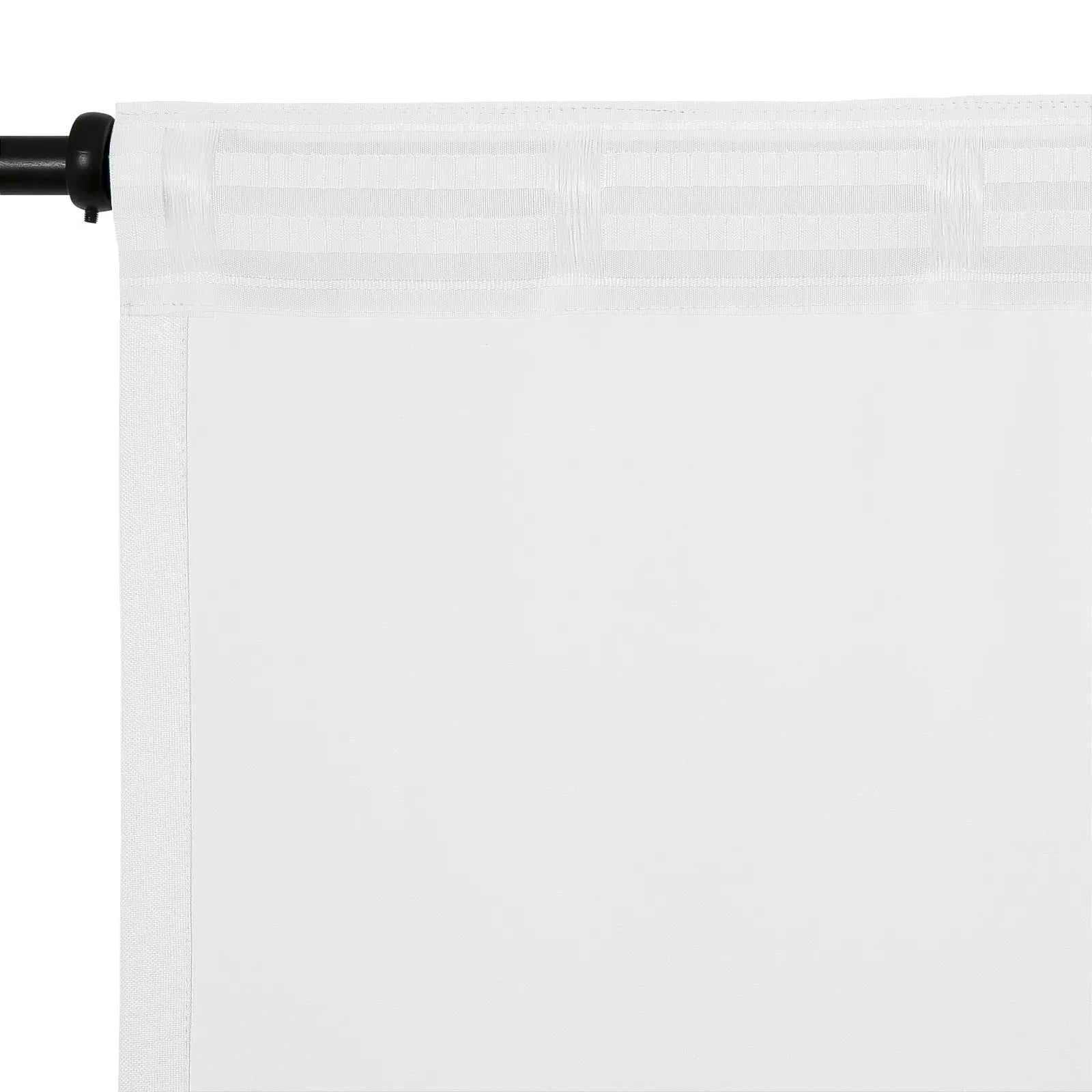 White sheer fabric curtain panel featuring subtle horizontal woven stripes, a textured vertical border, and a black curtain rod