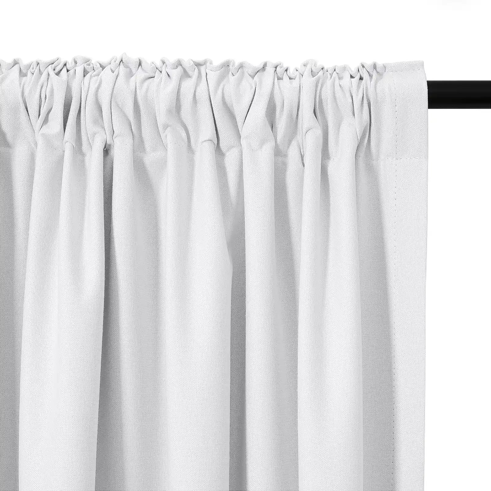 Photographic image of a white textured fabric curtain with a gathered rod pocket header on a black curtain rod