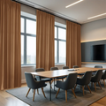 Photography of a modern conference room interior featuring tall windows with brown pleated curtains, a long wooden conference table surrounded by grey upholstered chairs, and a large wall-mounted television with linear accent lighting