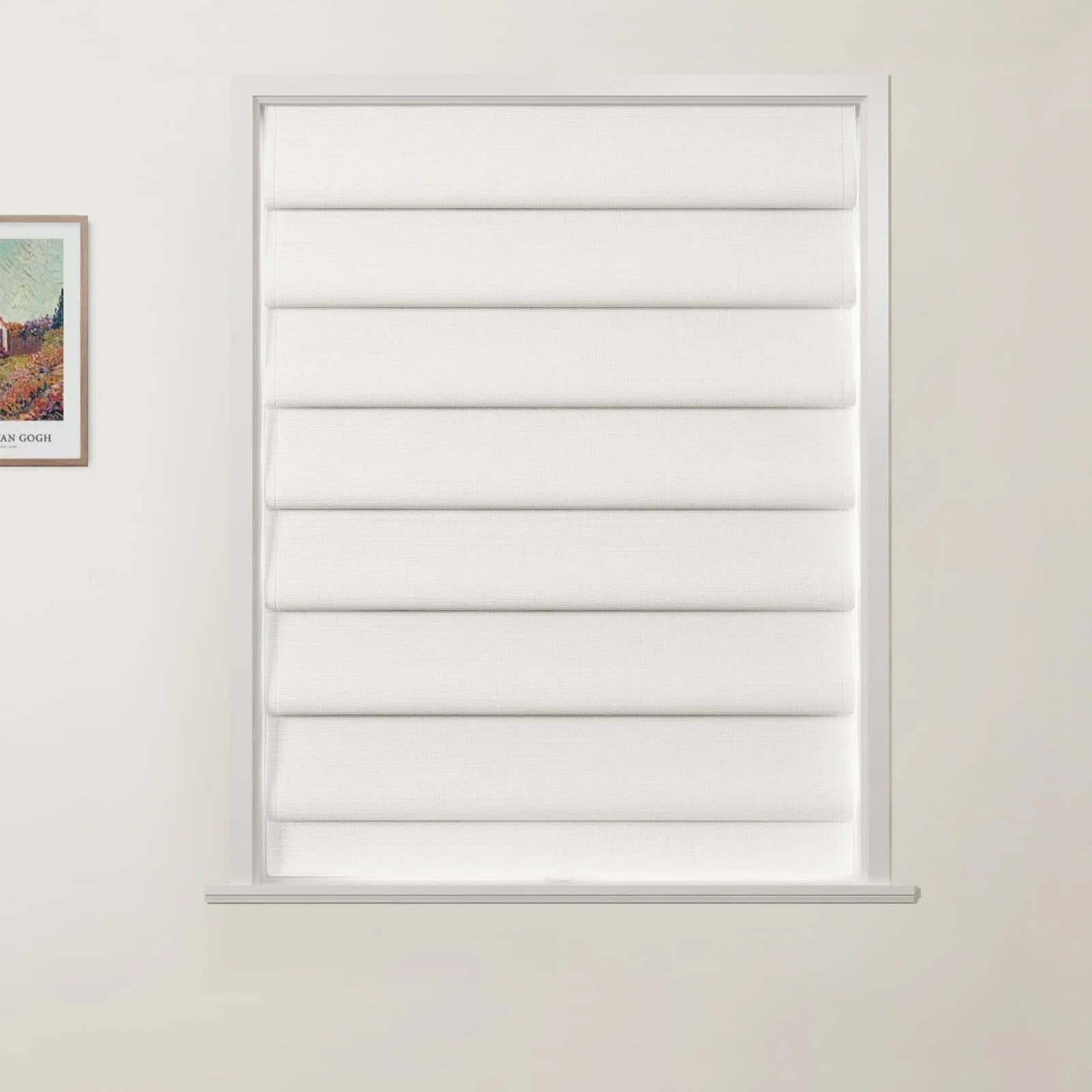 Photograph of white layered cellular blinds covering a window on a light beige wall, with a partially visible framed colorful Vincent van Gogh landscape print on the left