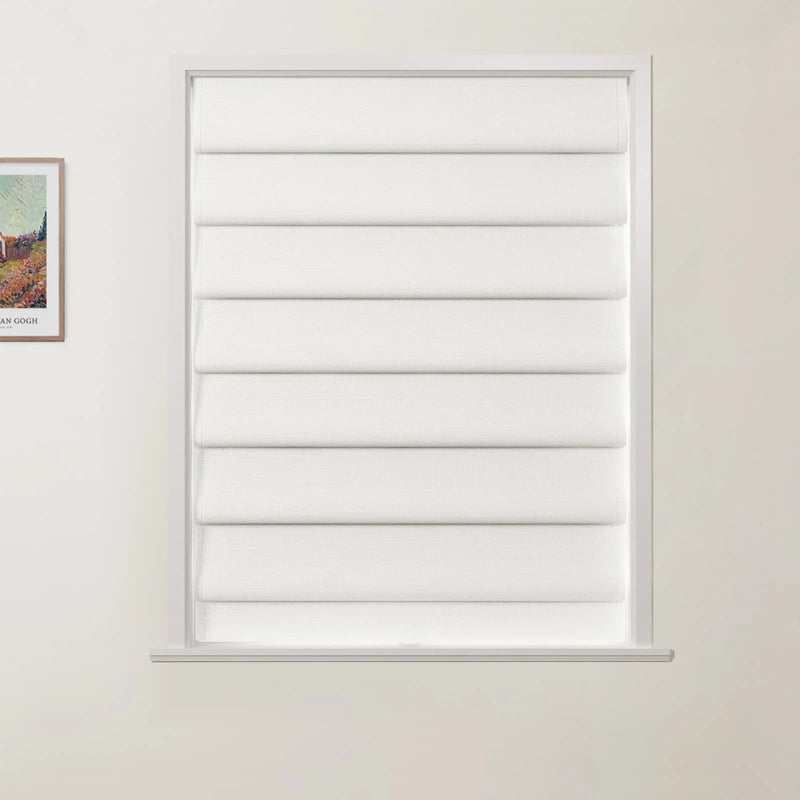 Photograph of white layered cellular blinds covering a window on a light beige wall, with a partially visible framed colorful Vincent van Gogh landscape print on the left