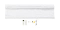 White textured Roman blind with two remote controls, one featuring a display, alongside installation hardware including screws, yellow anchors, and a USB charging cable on a white background