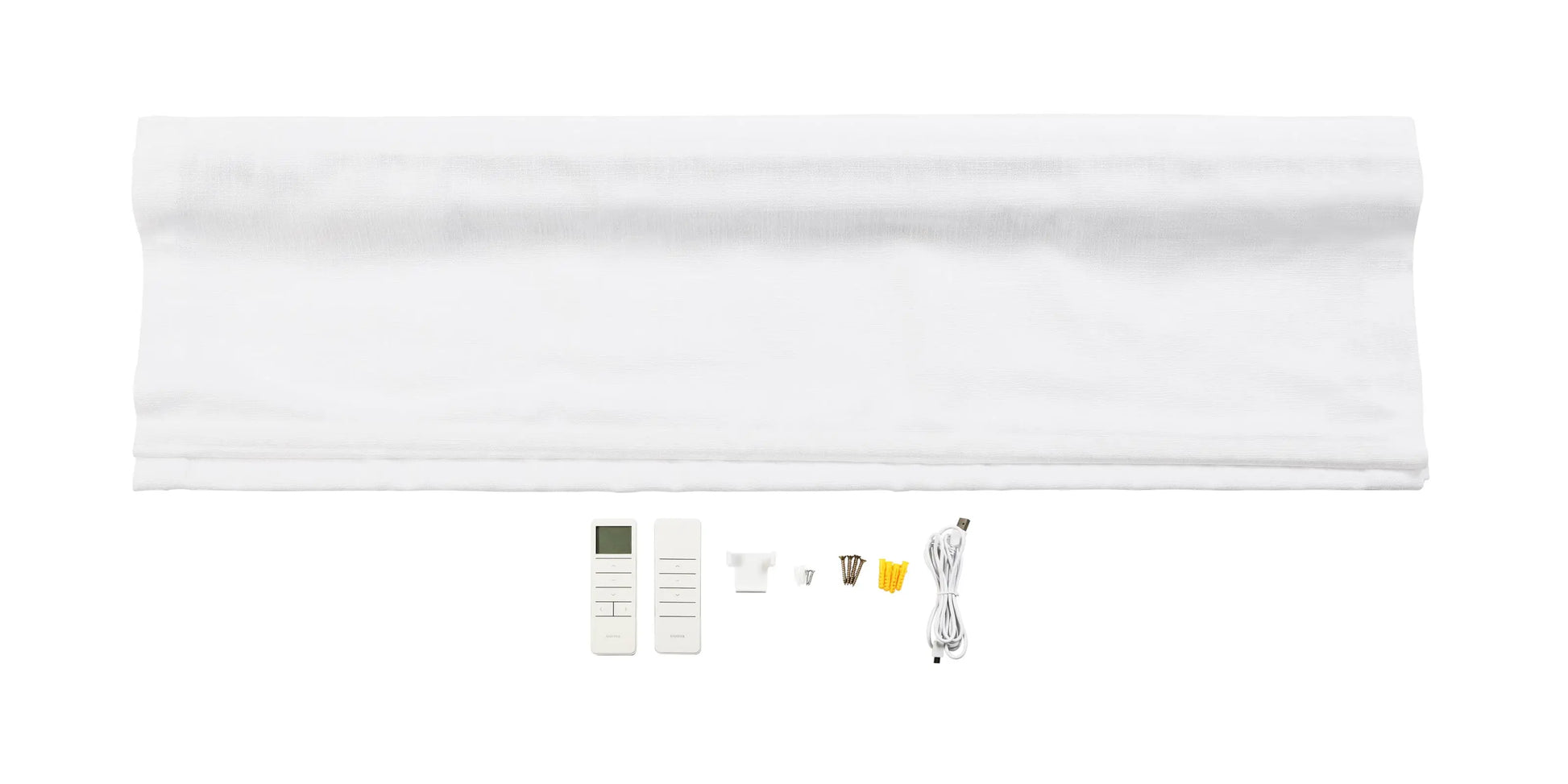 White textured Roman blind with two remote controls, one featuring a display, alongside installation hardware including screws, yellow anchors, and a USB charging cable on a white background