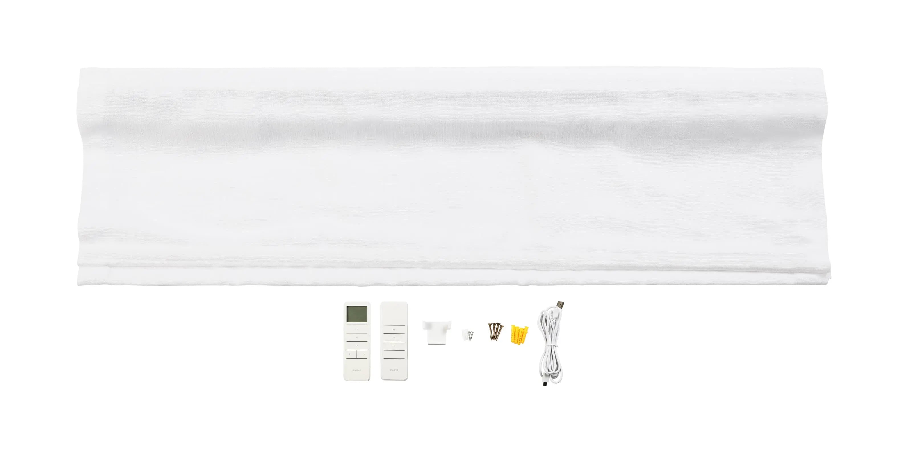White textured Roman blind with two remote controls, one featuring a display, alongside installation hardware including screws, yellow anchors, and a USB charging cable on a white background