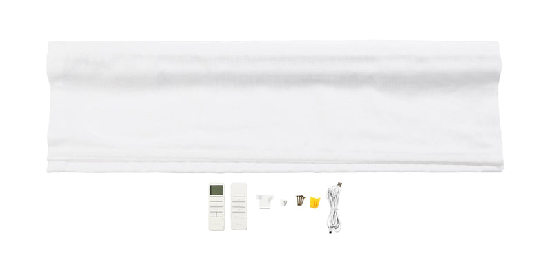 White textured Roman blind with two remote controls, one featuring a display, alongside installation hardware including screws, yellow anchors, and a USB charging cable on a white background