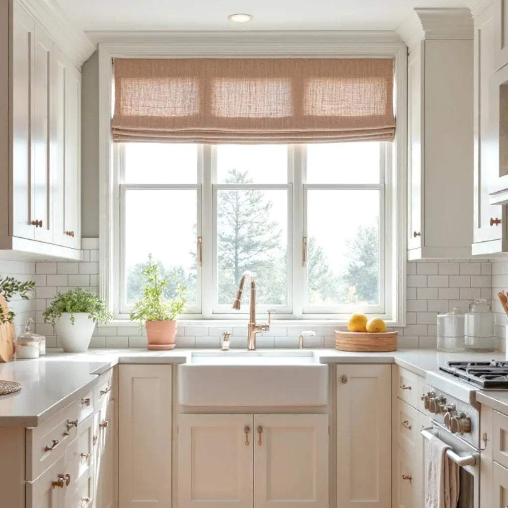 Photograph of a bright U-shaped kitchen featuring white shaker cabinets, a farmhouse sink under a large window with a tan Roman shade, white subway tile backsplash, and brushed gold hardware