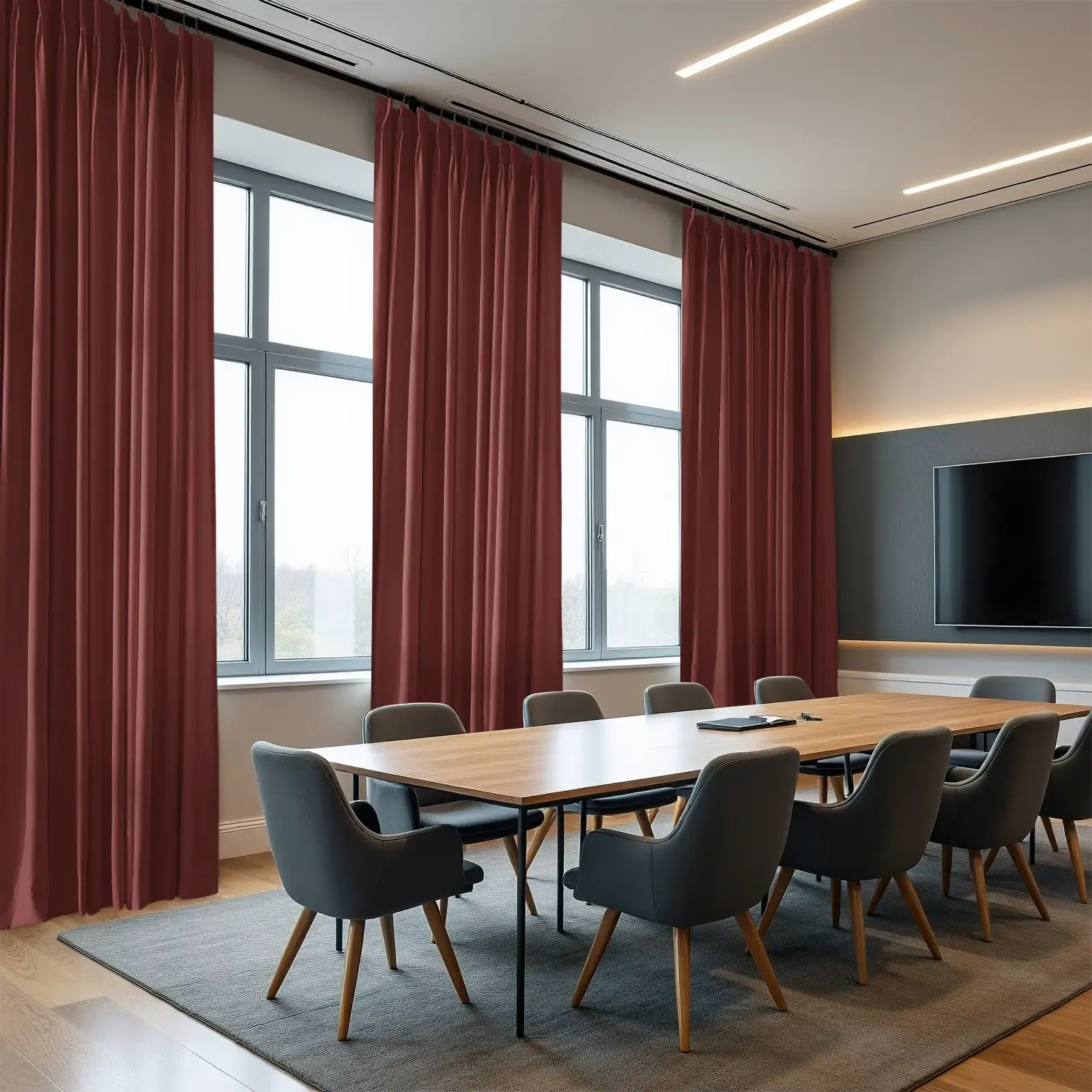 Modern conference room with three large windows draped in deep reddish-brown curtains, a long light wood table, and grey upholstered chairs