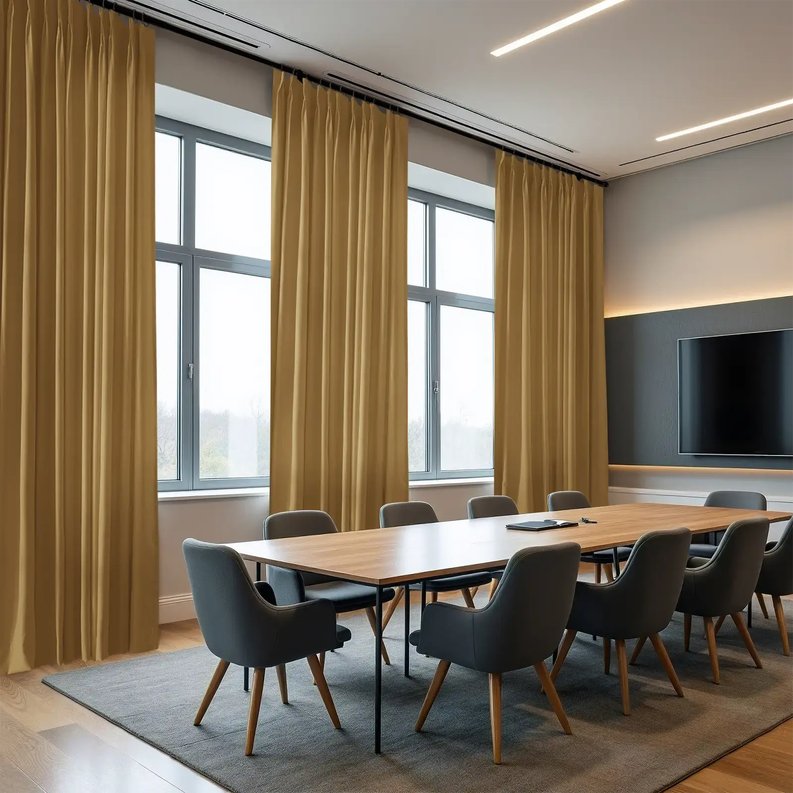 A contemporary conference room with floor-to-ceiling golden pleated curtains flanking large windows, a long natural wood conference table with sleek charcoal gray armchairs on wooden legs, and a wall-mounted flat-screen TV illuminated by warm LED strip lighting