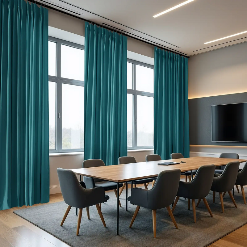 A modern conference room showcases vibrant teal blue pinch-pleat curtains, a long light wood conference table with dark grey chairs, linear ceiling lights, and a large wall-mounted TV