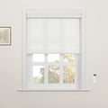 A white layered Roman Blind partially covers a multi-pane window in a neutral-toned room, featuring a wall-mounted remote control and a framed botanical drawing, with warm autumn trees visible outside