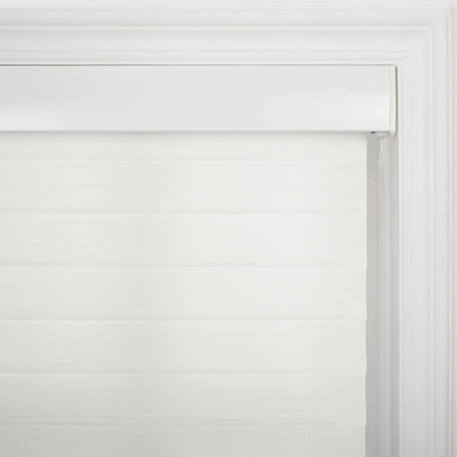 White fabric zebra roller Blind with alternating sheer and opaque horizontal strips hanging inside a white window frame with decorative molding and a control cord on the right