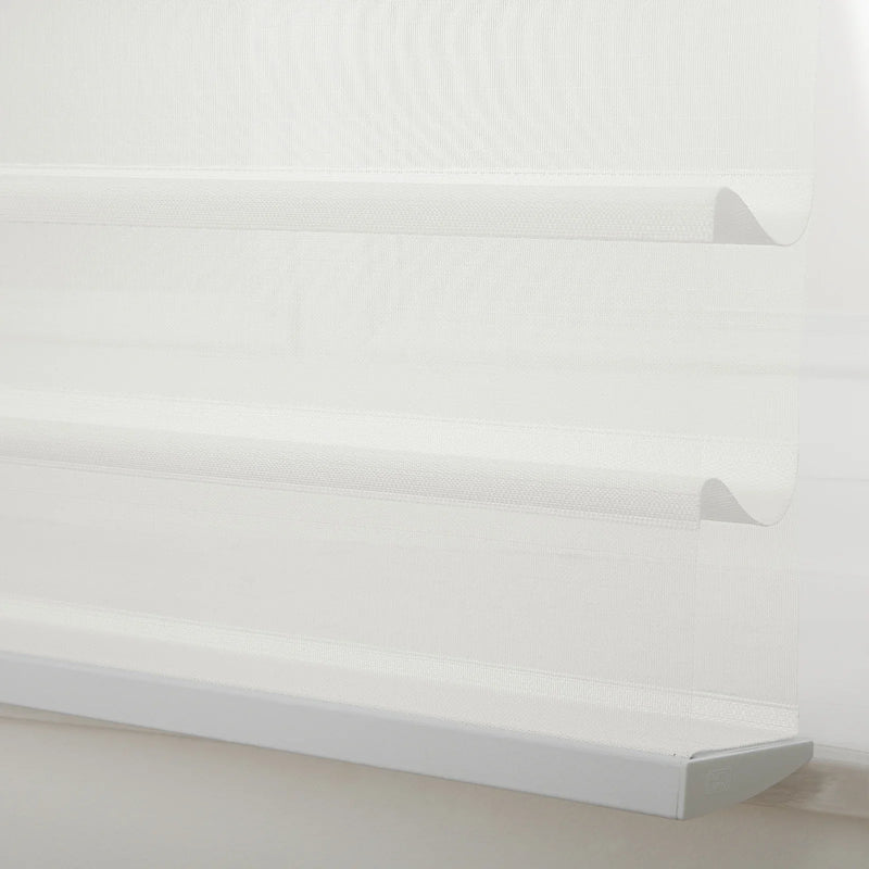 White sheer layered window Blinds with alternating translucent and textured opaque horizontal woven bands and a sleek white bottom rail providing light-filtering privacy