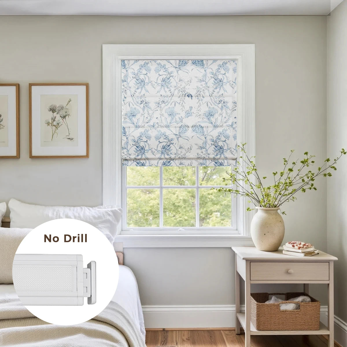 Holly Botanical Boho No-Drill Flat Fold Roman Blind Cordless