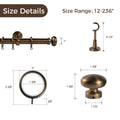 Digital Product Image featuring antique bronze curtain pole hardware components including a decorative finial, mounting bracket, and curtain rings displayed with clearly marked dimensions on a clean white background