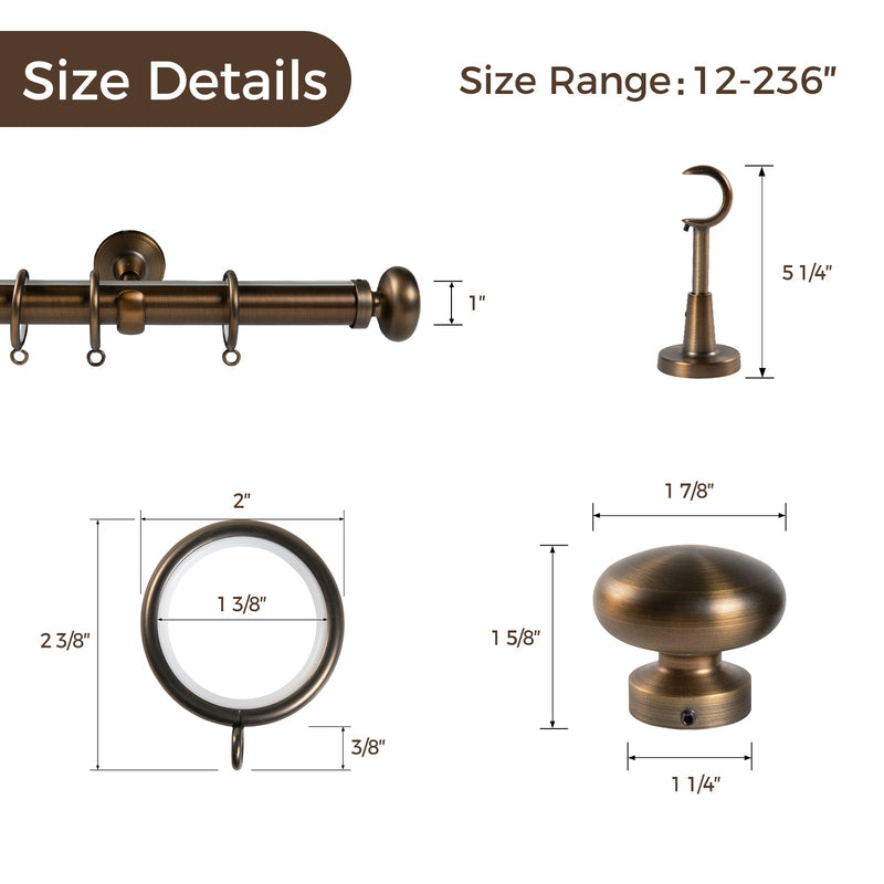 Digital Product Image featuring antique bronze curtain pole hardware components including a decorative finial, mounting bracket, and curtain rings displayed with clearly marked dimensions on a clean white background