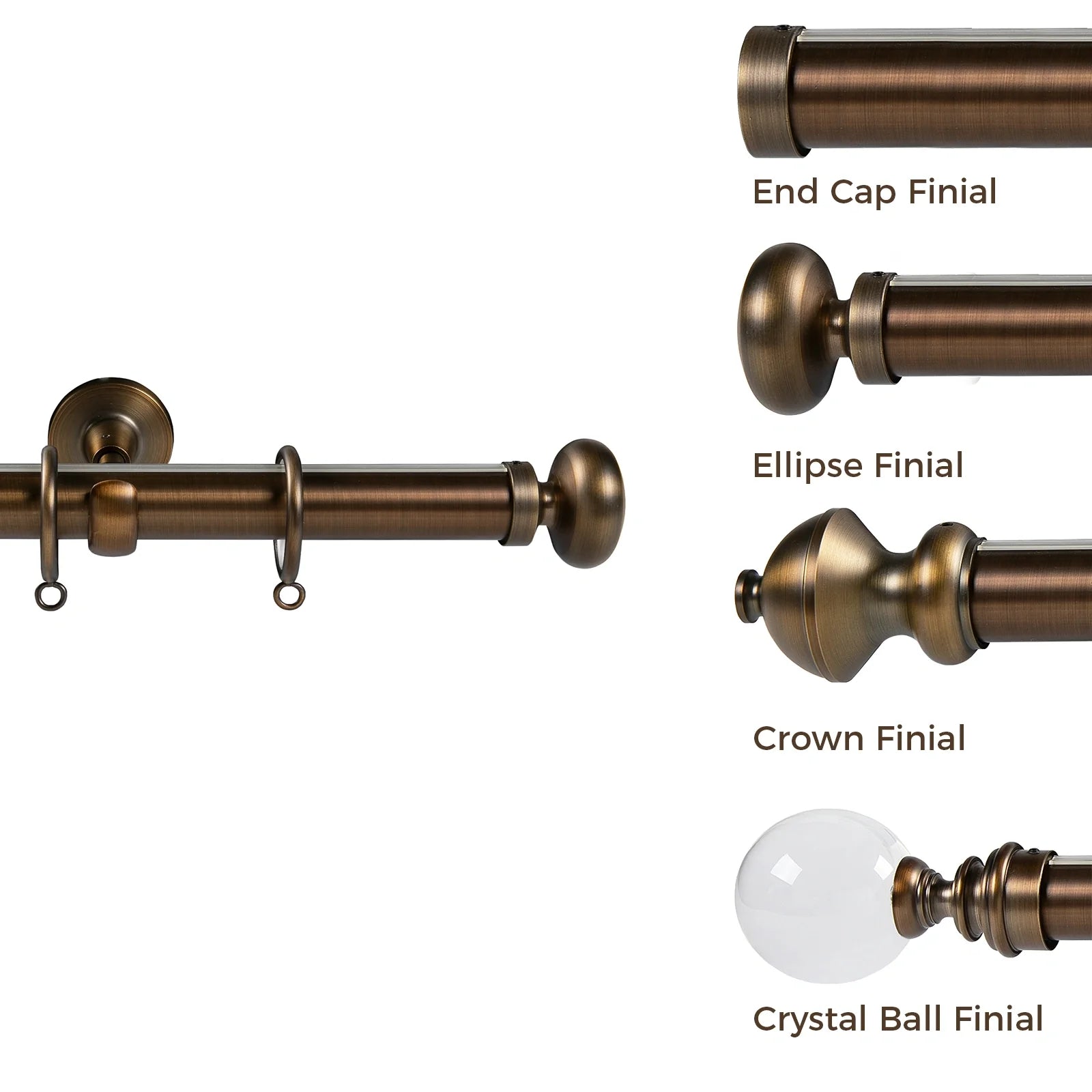 Product photography showcasing a selection of antique bronze curtain pole finials including End Cap, Ellipse, Crown, and Crystal Ball designs, accompanied by a matching curtain pole with rings