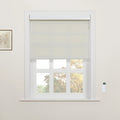 A light beige textured Roman Blind partially lowered in a white multi-pane window, displaying a white wall-mounted remote control and a framed botanical print, with autumn trees visible outside