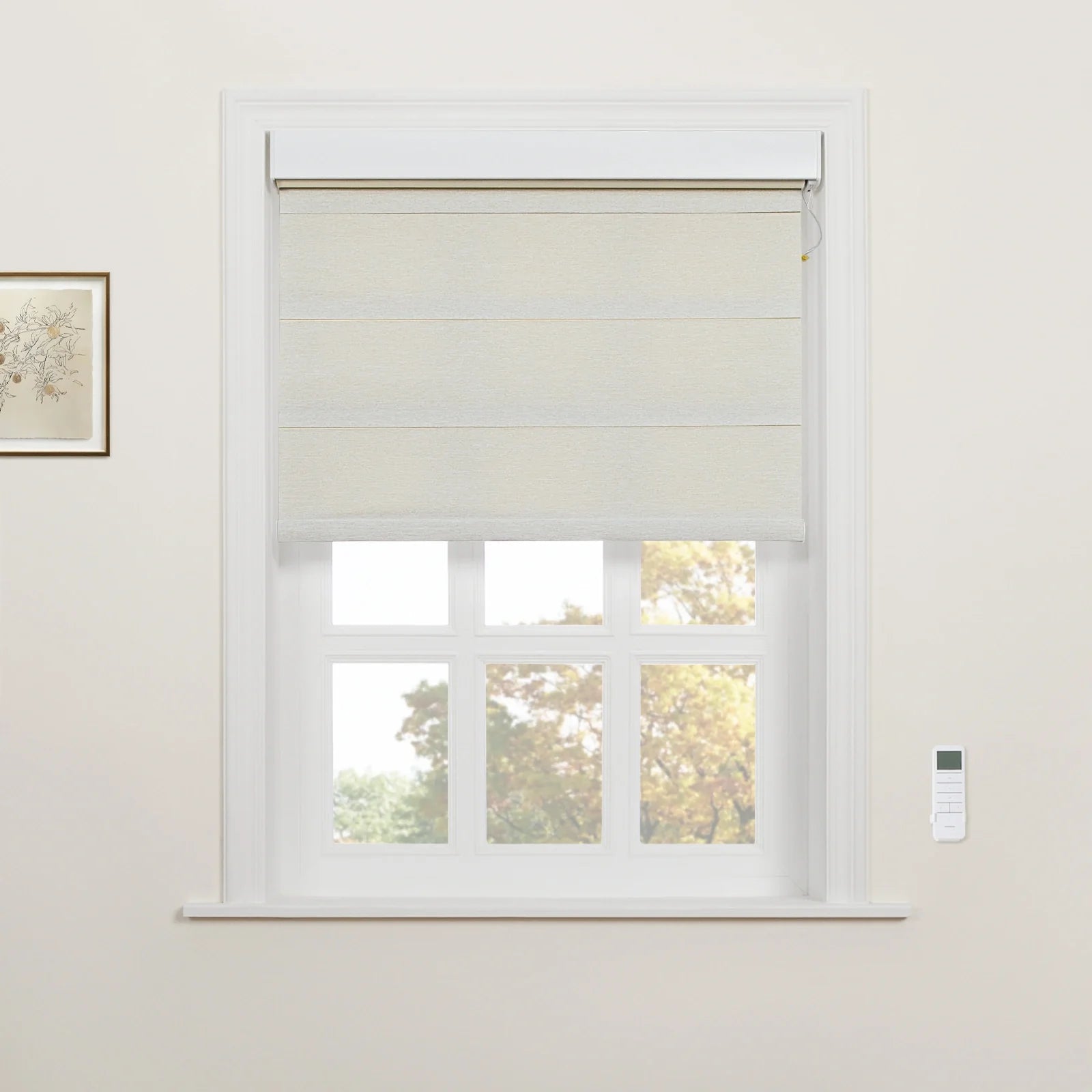 A light beige textured Roman Blind partially lowered in a white multi-pane window, displaying a white wall-mounted remote control and a framed botanical print, with autumn trees visible outside