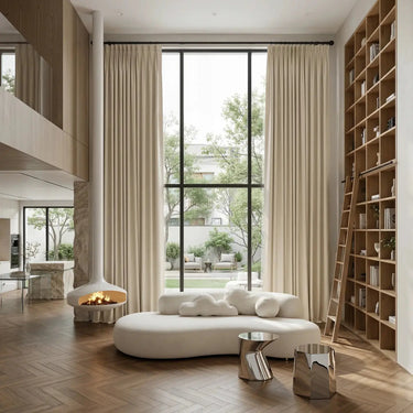 Modern luxury living room interior with a white suspended fireplace, a curved white sofa with cloud pillows, and a tall wooden bookshelf with a ladder by large windows overlooking a serene garden