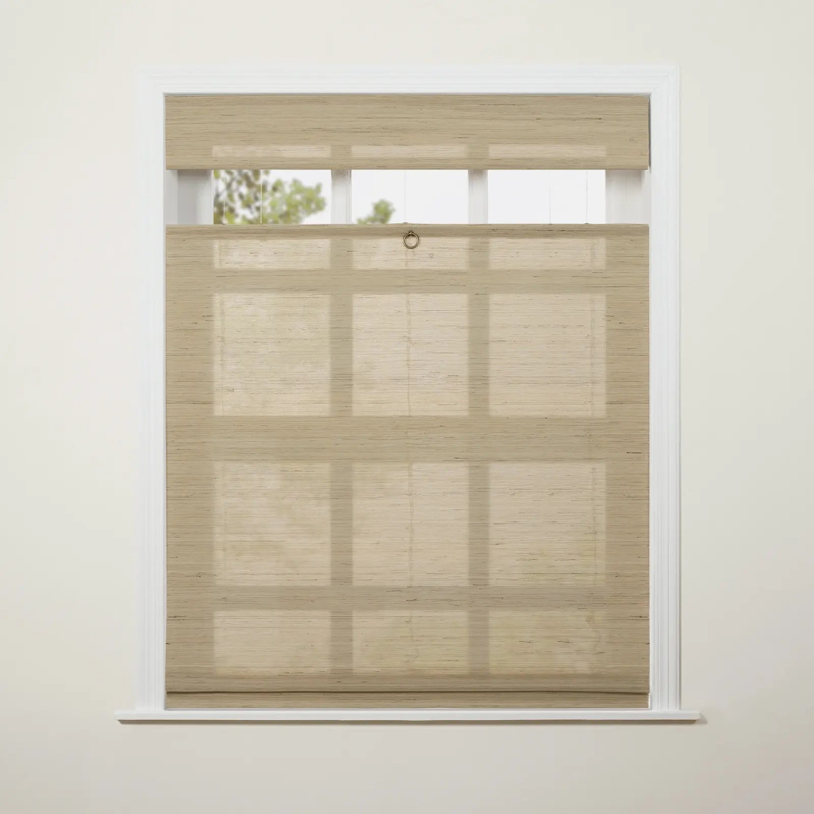 Natural light beige top-down bottom-up woven wood blind installed in a white window frame with a brass ring pull partially revealing green foliage and subtle pane shadows