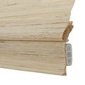 Photograph of a light beige woven bamboo roller blind with horizontal texture showing folded layers and a white plastic mounting mechanism on the right