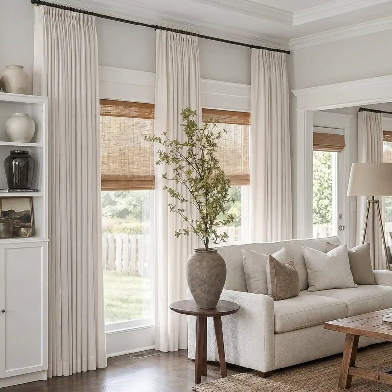 Beige White Liz Linen Pleated Curtains in a neutral living room with corner windows and a white sofa