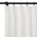 Product photography showing a pristine white sheer curtain with visible subtle texture neatly pleated and suspended from a contrasting matte black metal rod using black rings