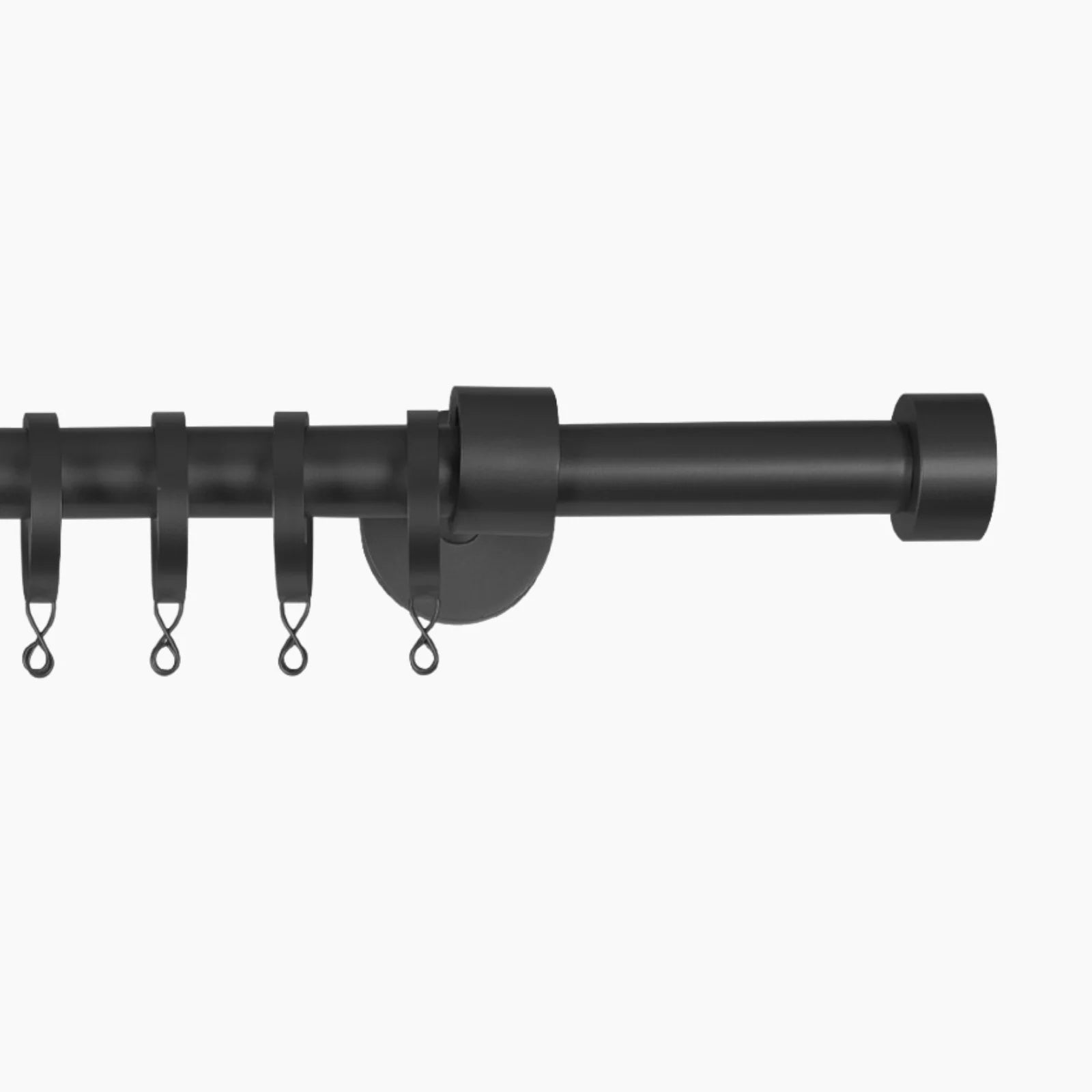 Matte black metal curtain pole featuring several rings with looped hooks, a wall-mount bracket, and a cylindrical finial