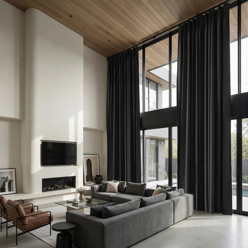 Photograph of a modern luxury living room with a double-height wooden planked ceiling, expansive black-framed windows revealing an outdoor swimming pool, a large grey L-shaped sectional sofa, and a white curved fireplace wall with an integrated television