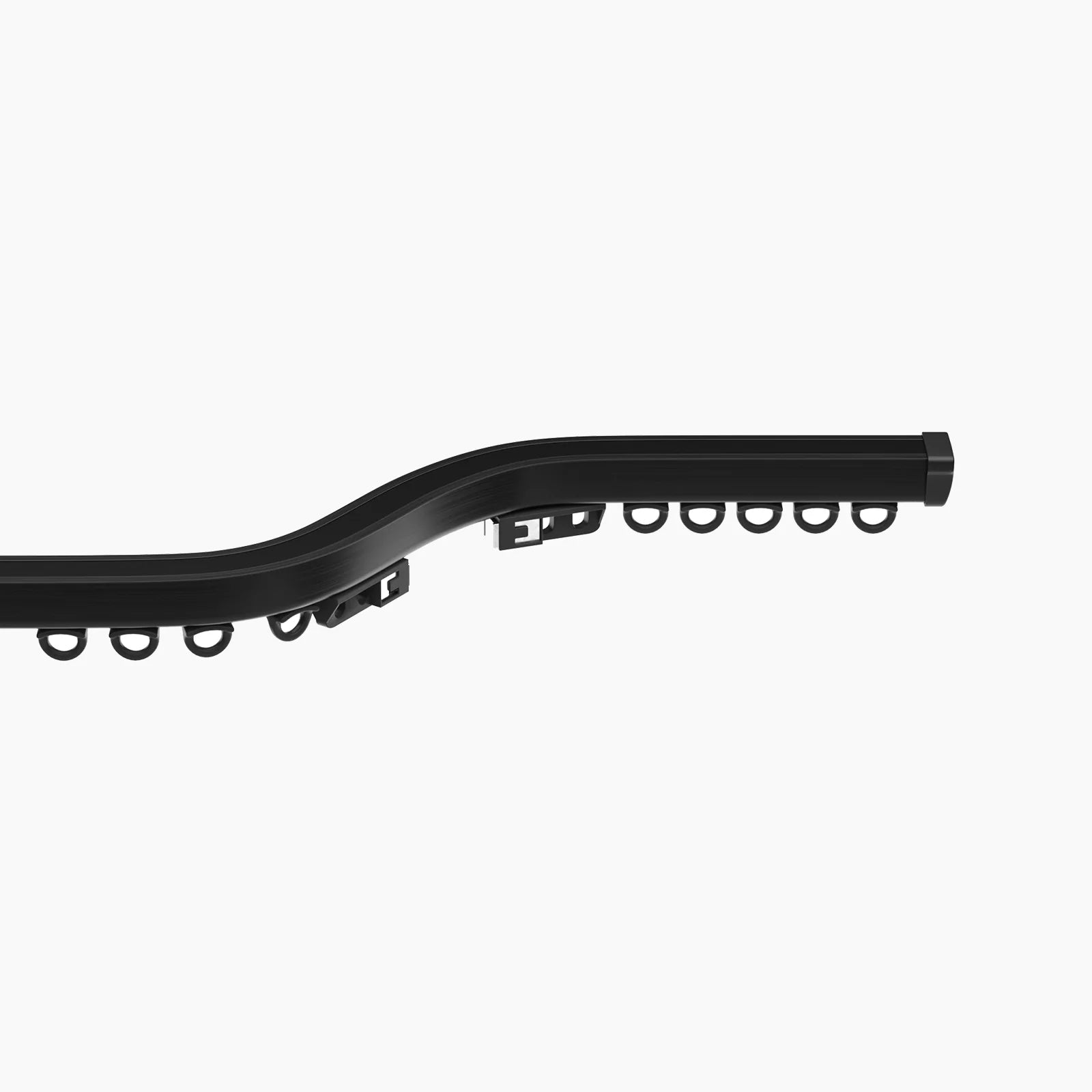 Black curved curtain track with integrated D-shaped gliders and a hexagonal end cap
