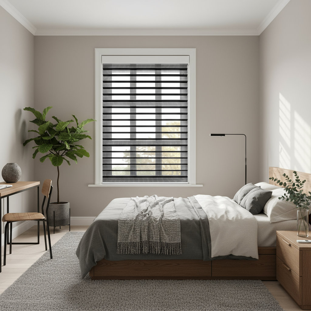 Modern bedroom interior featuring a wooden bed with cozy grey and white bedding, a large Fiddle Leaf Fig plant, and distinctive black and sheer zebra Blinds on the window