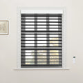 White-framed window with black and sheer gray zebra Blinds, a white remote control on the right wall and a framed botanical drawing on the left, overlooking trees with autumn leaves
