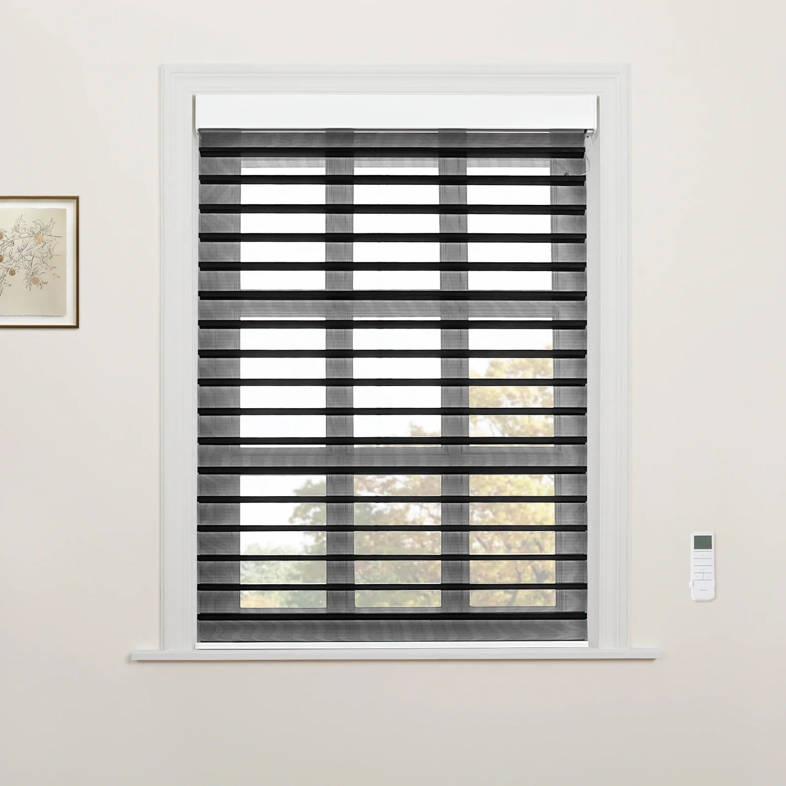White-framed window with black and sheer gray zebra Blinds, a white remote control on the right wall and a framed botanical drawing on the left, overlooking trees with autumn leaves