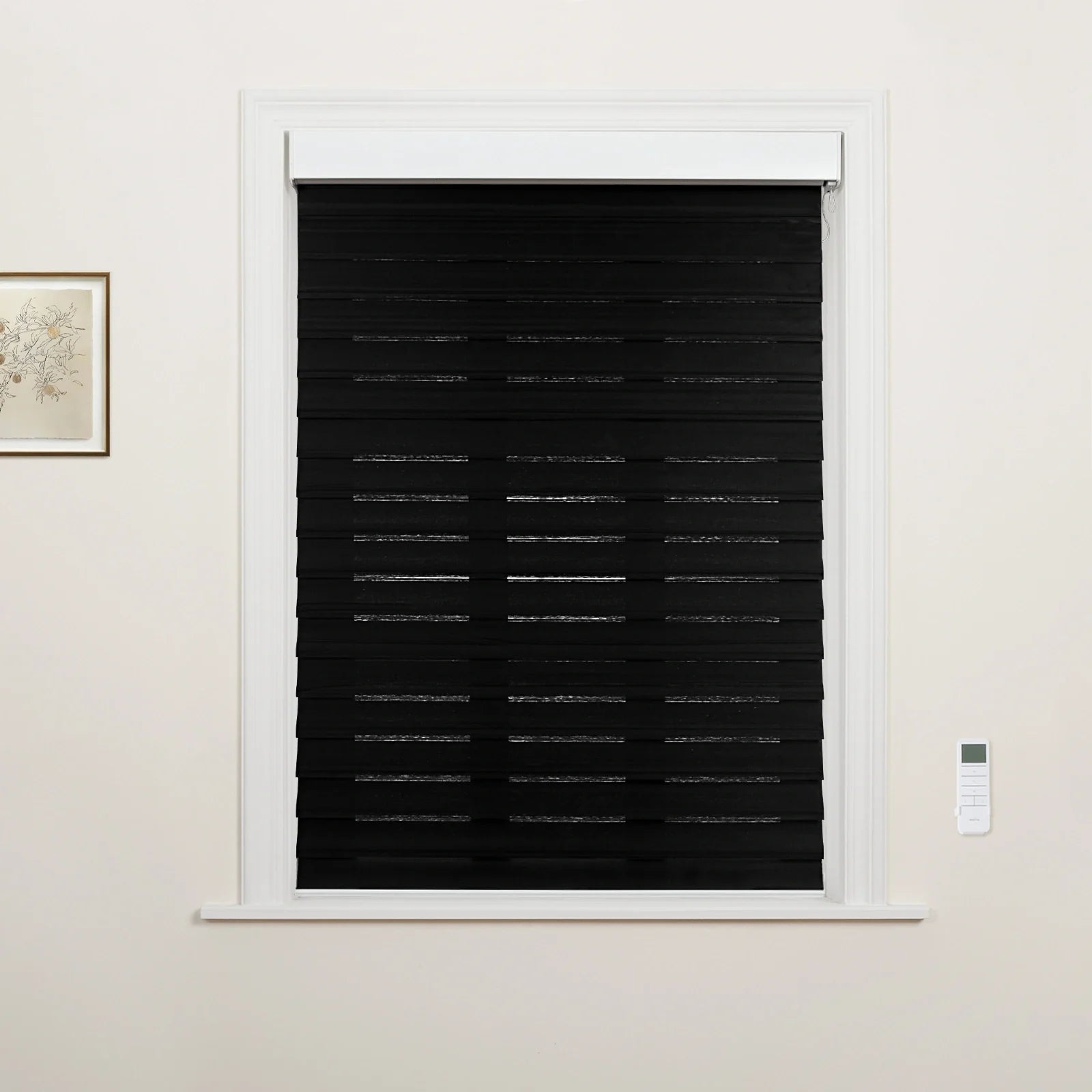 Photograph of a window fitted with black horizontal zebra Blinds showcasing alternating opaque and sheer fabric stripes, bordered by a crisp white frame, with a small white remote control on the right wall and a framed botanical print on the left