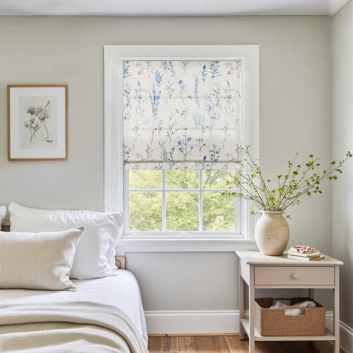 Holly Botanical Boho No-Drill Flat Fold Roman Blind Cordless