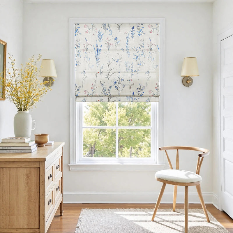Holly Botanical Boho No-Drill Flat Fold Roman Blind Cordless