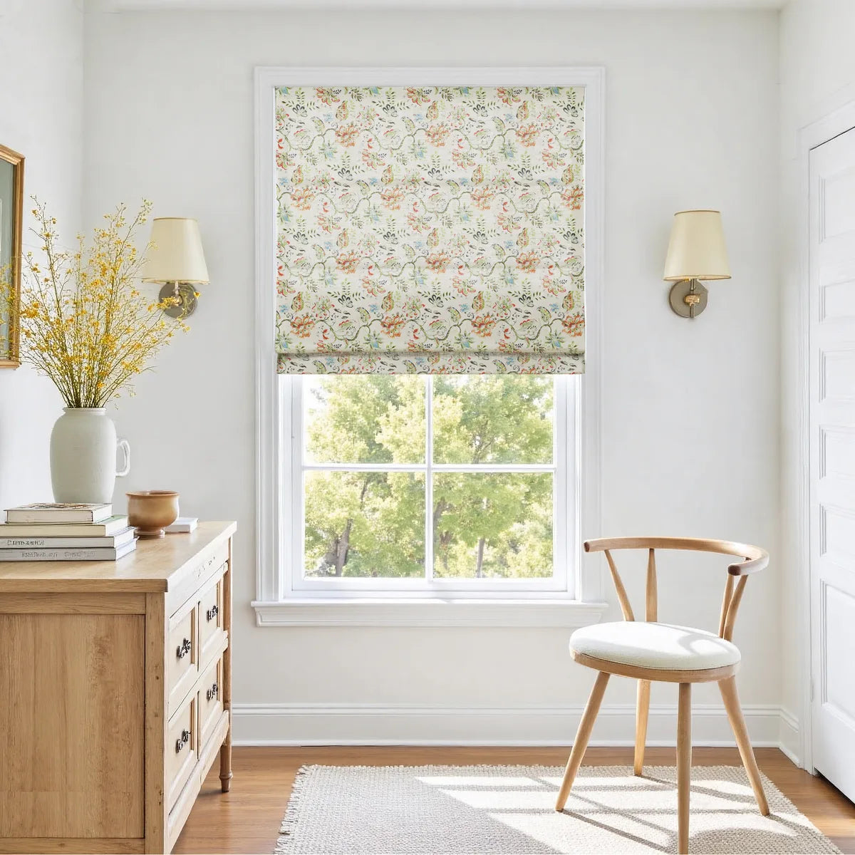 Holly Botanical Boho No-Drill Flat Fold Roman Blind Cordless