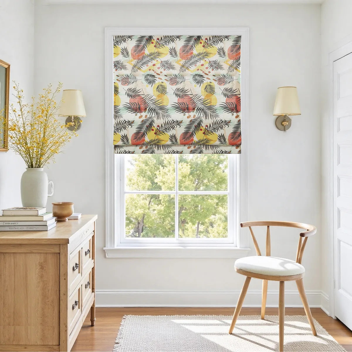 Holly Botanical Boho No-Drill Flat Fold Roman Blind Cordless