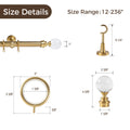 Technical diagram detailing gold curtain pole hardware dimensions, featuring a 1-inch diameter pole with a clear glass ball finial, 5 1/4 inch high bracket, and 2-inch diameter curtain rings, all part of a 12-236 inch size range