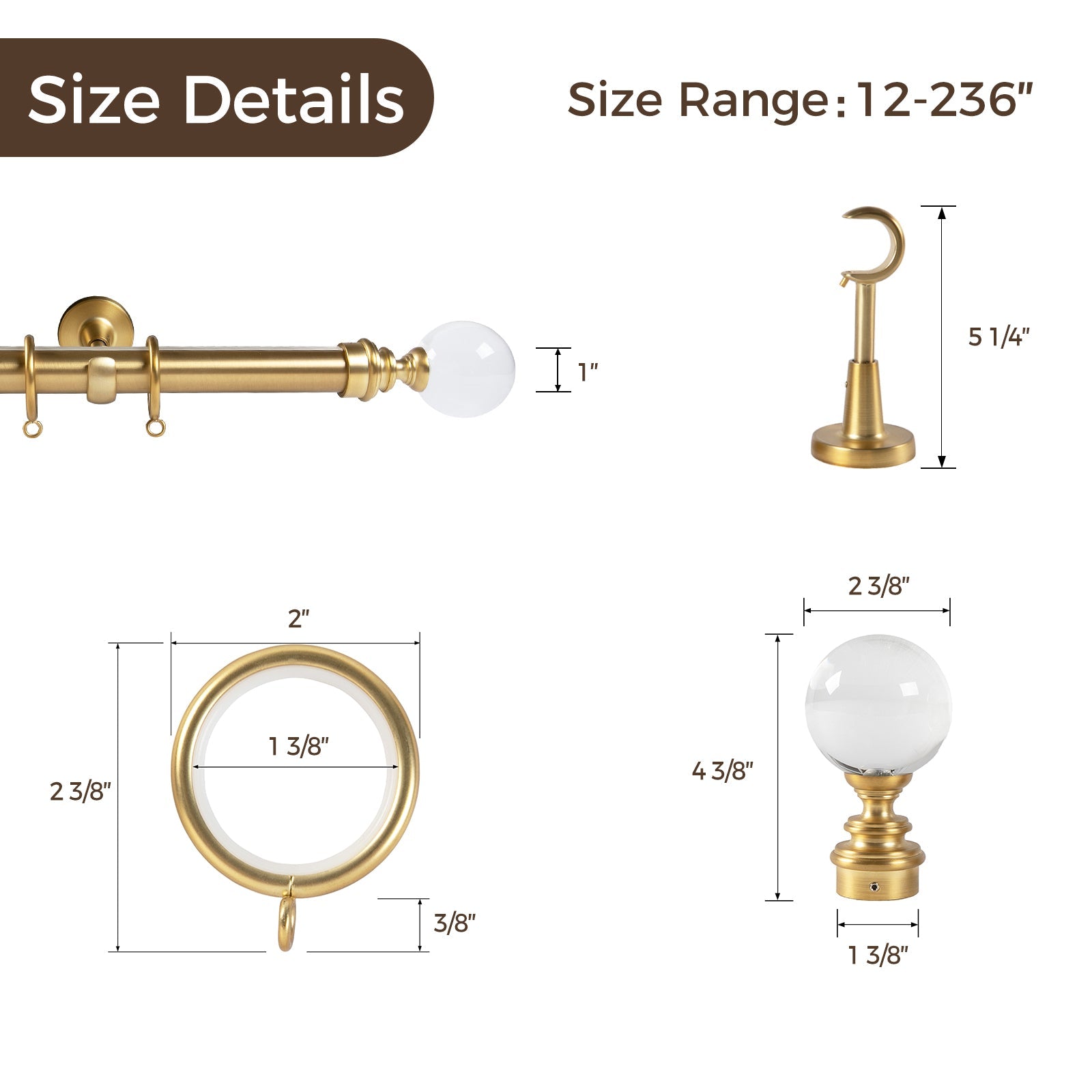 Technical diagram detailing gold curtain pole hardware dimensions, featuring a 1-inch diameter pole with a clear glass ball finial, 5 1/4 inch high bracket, and 2-inch diameter curtain rings, all part of a 12-236 inch size range