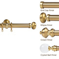 Product photography displaying brushed brass curtain poles and varied finials on a white background featuring a pole with rings alongside separate examples of end cap, ellipse, crown, and translucent crystal ball finial designs