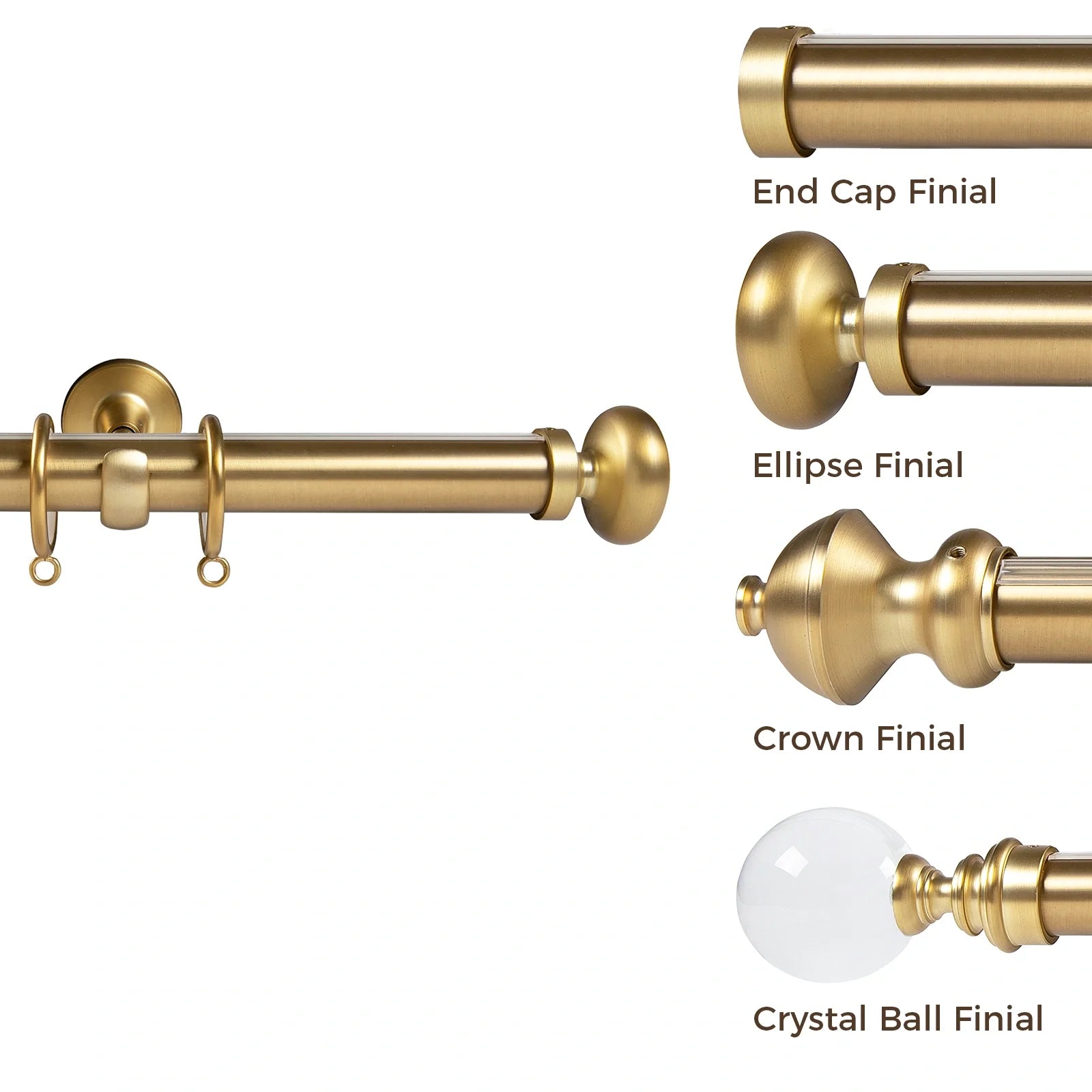 Product photography displaying brushed brass curtain poles and varied finials on a white background featuring a pole with rings alongside separate examples of end cap, ellipse, crown, and translucent crystal ball finial designs